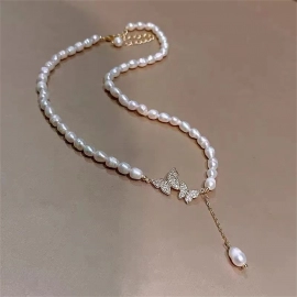 Butterfly Necklace Fashion White Imitation Pearl Choker Necklace For Women Girls Wedding Party Jewelry